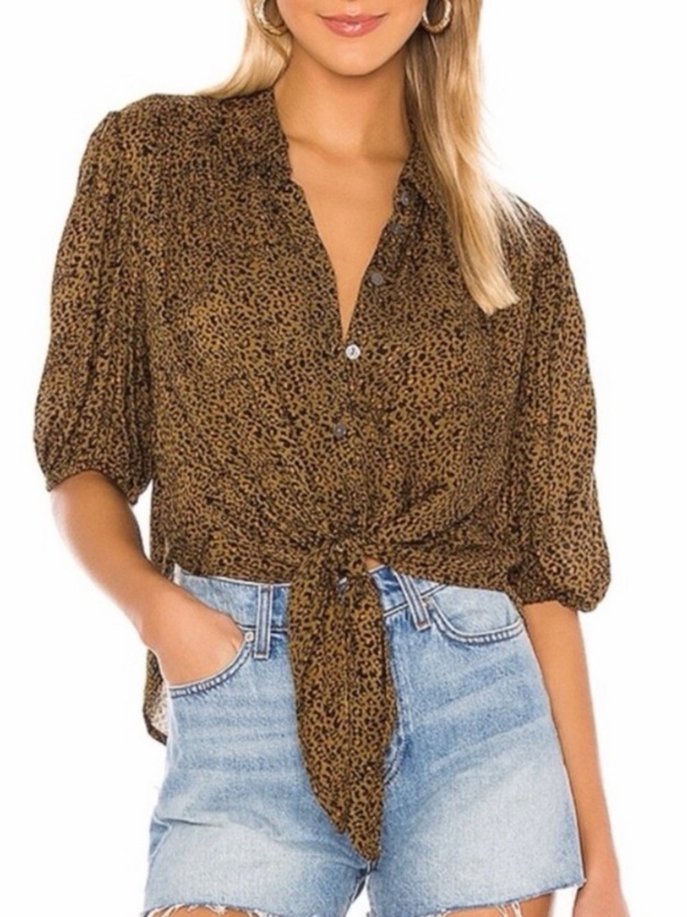 Free People Olive Animal Print Celia Button Up Tie Shirt